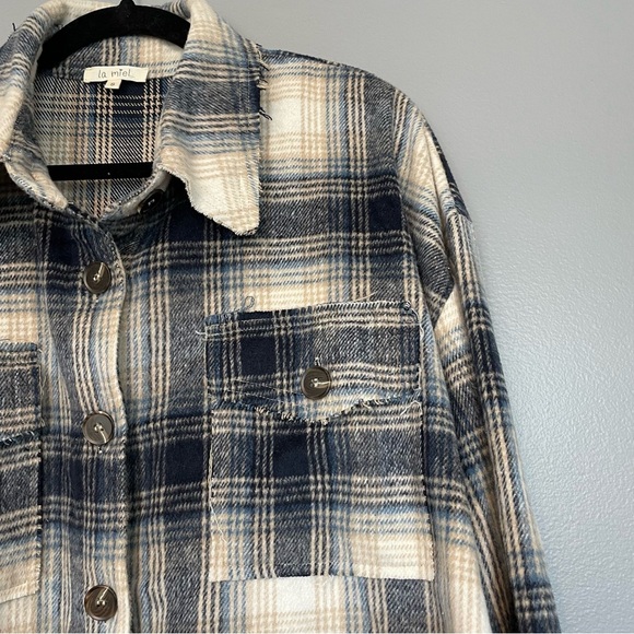 La Miel Navy Tan Plaid Flannel Shirt Jacket Shacket Oversized small - Picture 3 of 8